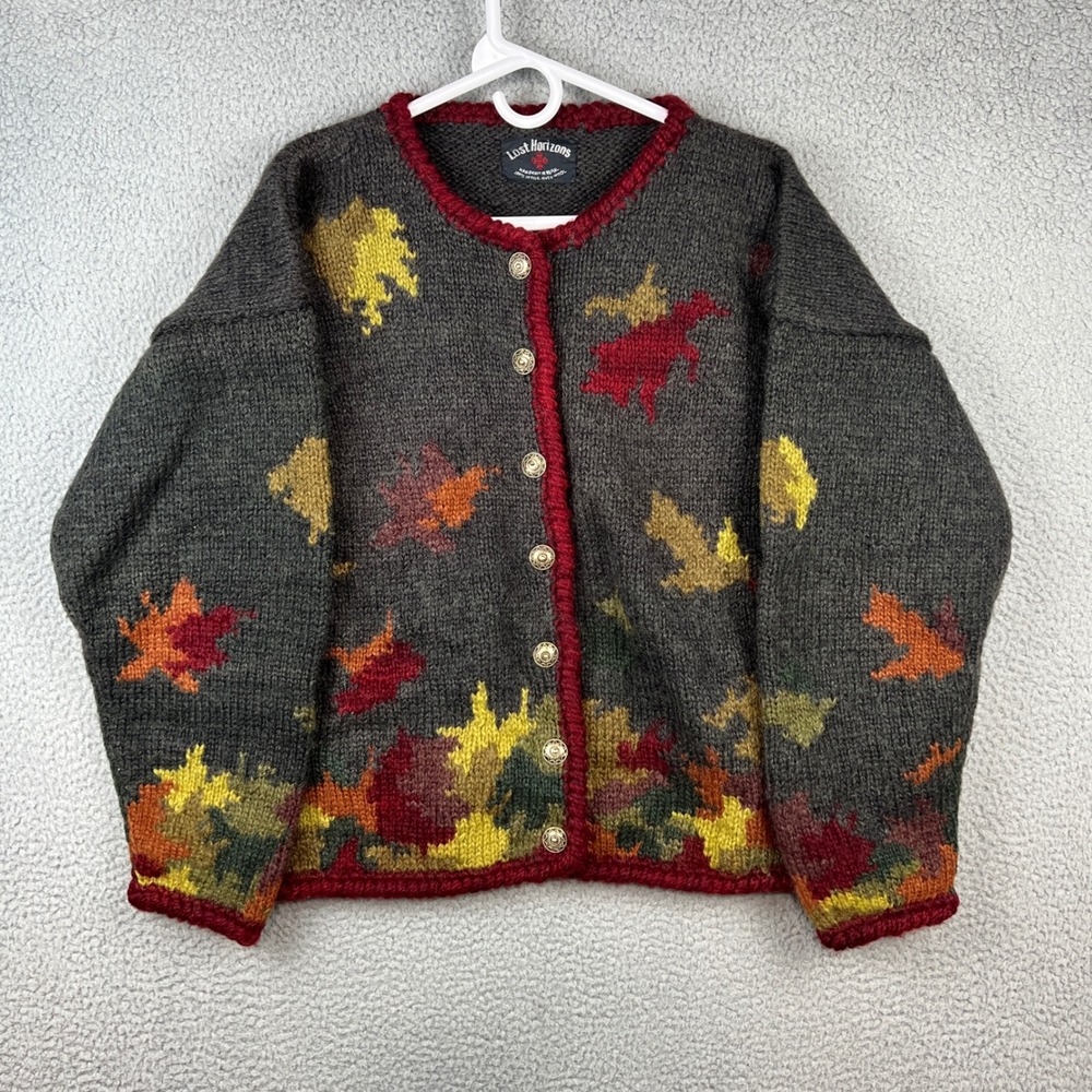 Lost Horizons Hand Knit Wool Cardigan Sweater Grey Autumn Leaf Nepal Womens XL